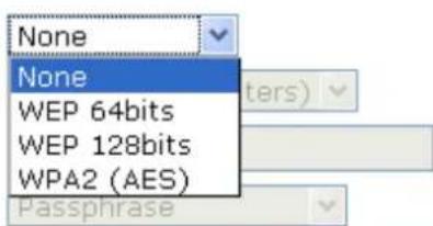None None WEP 64bits WEP 128bits WPA2 (AES) Passphrase