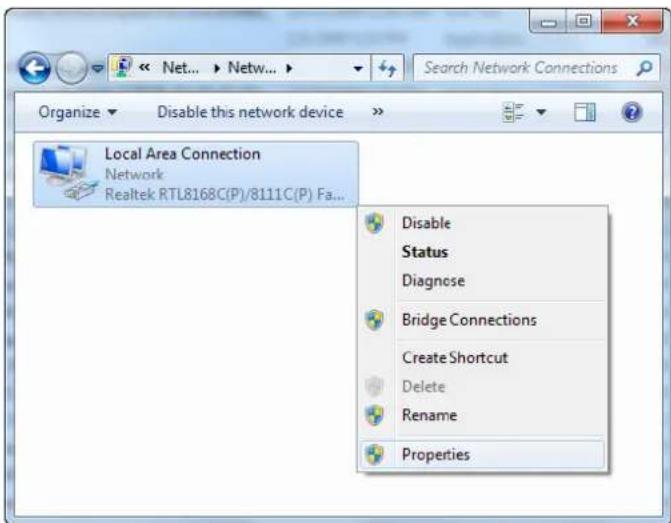 Local Area Connection Network Realtek RTL8168C(P)/8111C(P) Fa... Disable Status Diagnose Bridge Connections Create Shortcut Delete Rename Properties