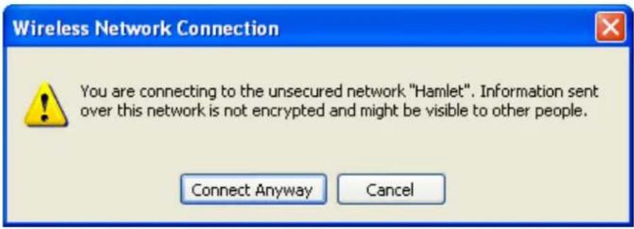 Wireless Network Connection You are connecting to the unsecured network "Hamlet". Information sent over this network is not encrypted and might be visible to other people. Connect Anyway Cancel