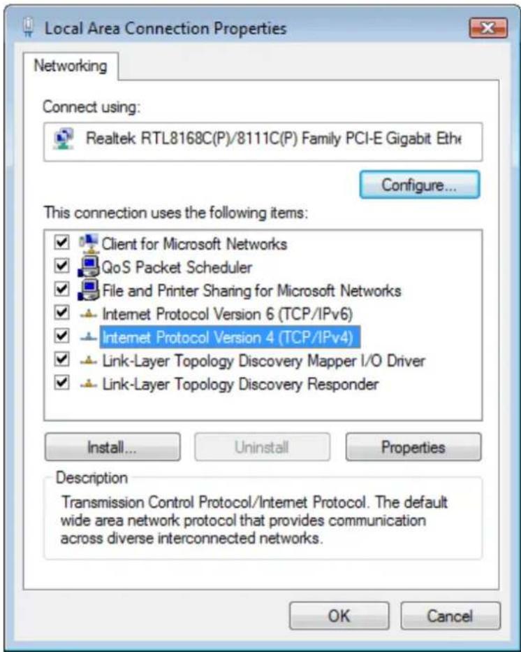 Local Area Connection Properties Networking Connect using: Realtek RTL8168C(P)/8111C(P) Family PCI-E Gigabit Eth# Configure... This connection uses the following items: ✓ Client for Microsoft Networks ✓ QoS Packet Scheduler ✓ File and Printer Sharing for Microsoft Networks ✓ Internet Protocol Version 6 (TCP/IPv6) ✓ Internet Protocol Version 4 (TCP/IPv4) ✓ Link-Layer Topology Discovery Mapper I/O Driver ✓ Link-Layer Topology Discovery Responder Install... Uninstall Properties Description Transmission Control Protocol/Internet Protocol. The default wide area network protocol that provides communication across diverse interconnected networks. OK Cancel