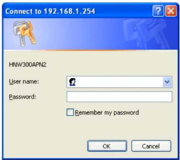 Connect to 192.168.1.254 HNW300APN2 User name: Password: Remember my password OK Cancel