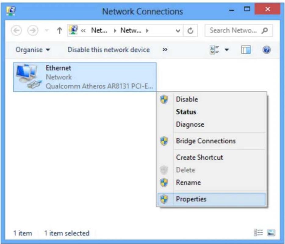Network Connections Organise ▼ Disable this network device Ethernet Network Qualcomm Atheros AR8131 PCI-E... Disable Status Diagnose Bridge Connections Create Shortcut Delete Rename Properties 1 item 1 item selected