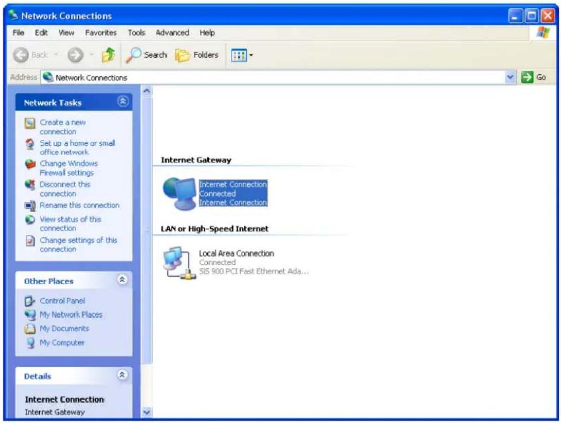 Network Connections File Edit View Favorites Tools Advanced Help Back Search Folders Address Network Connections Network Tasks Create a new connection Set up a home or small office network Change Windows Firewall settings Disconnect this connection Rename this connection View status of this connection Change settings of this connection Other Places Control Panel My Network Places My Documents My Computer Details Internet Connection Internet Gateway Internet Gateway Internet Connection Connected Internet Connection LAN or High-Speed Internet Local Area Connection Connected SIS 900 PCI Fast Ethernet Ada...
