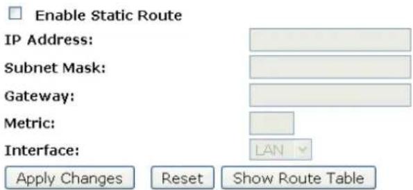 Enable Static Route IP Address: Subnet Mask: Gateway: Metric: Interface: Apply Changes Reset Show Route Table