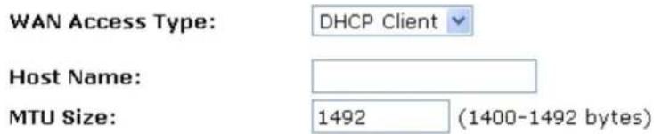 WAN Access Type: DHCP Client Host Name: MTU Size: 1492 (1400-1492 bytes)