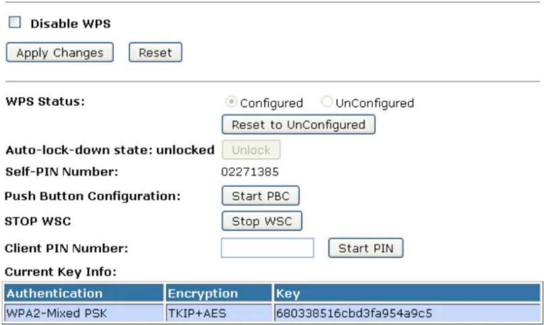 Disable WPS Apply Changes Reset WPS Status: Configured UnConfigured Reset to UnConfigured Auto-lock-down state: unlocked Unlock Self-PIN Number: 02271385 Push Button Configuration: Start PBC STOP WSC Stop WSC Client PIN Number: Start PIN Current Key Info: Authentication Encryption Key WPA2-Mixed PSK TKIP+AES 680338516cbd3fa954a9c5