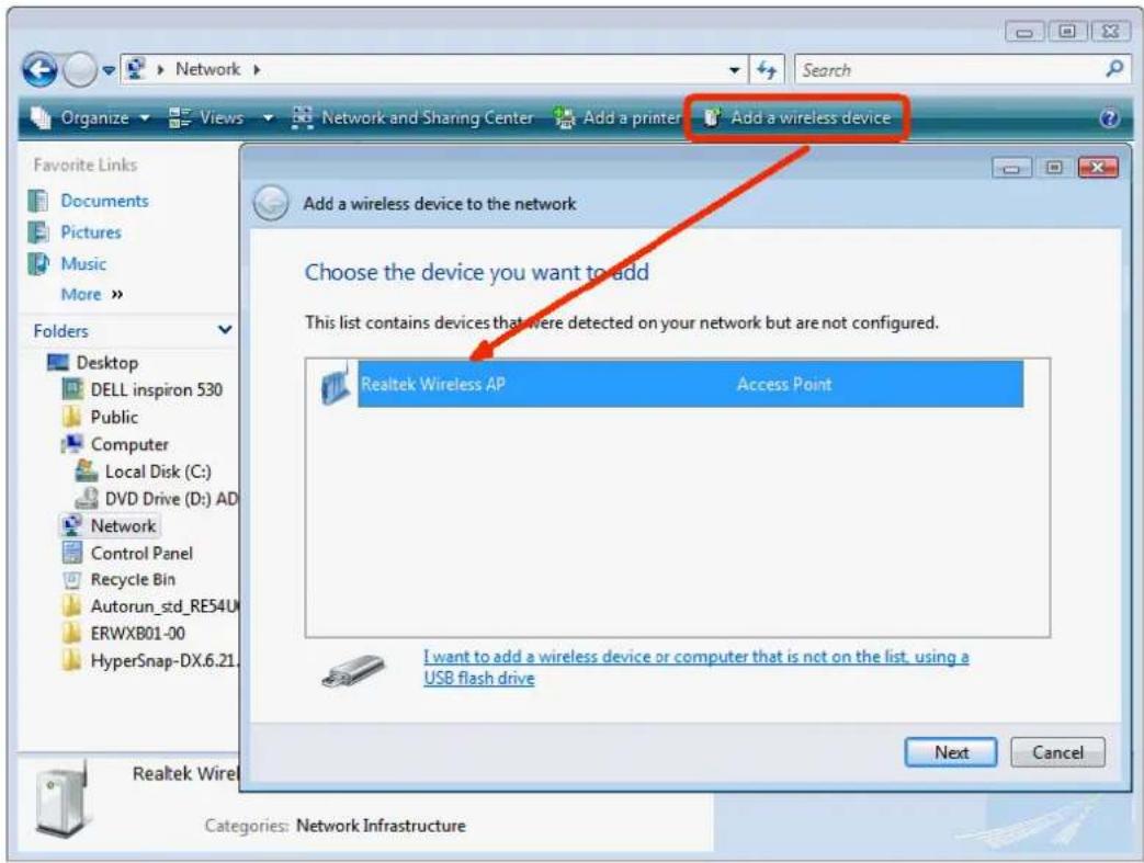 Add a wireless device Choose the device you want to add This list contains devices that were detected on your network but are not configured. Realtek Wireless AP Access Point I want to add a wireless device or computer that is not on the list, using a USB flash drive Next Cancel Categories: Network Infrastructure