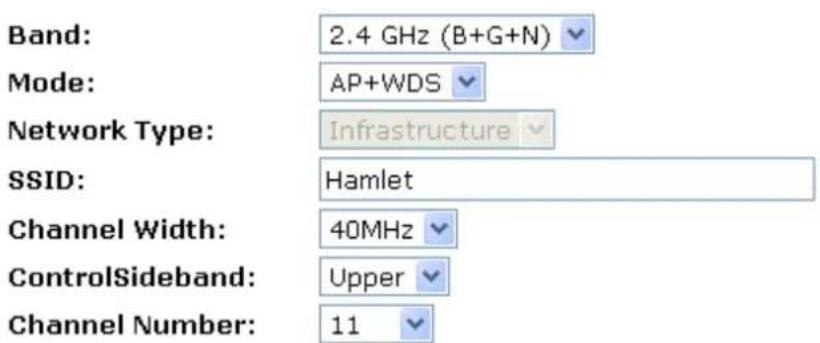 Band: 2.4 GHz (B+G+N) Mode: AP+WDS Network Type: Infrastructure SSID: Hamlet Channel Width: 40MHz ControlSideband: Upper Channel Number: 11