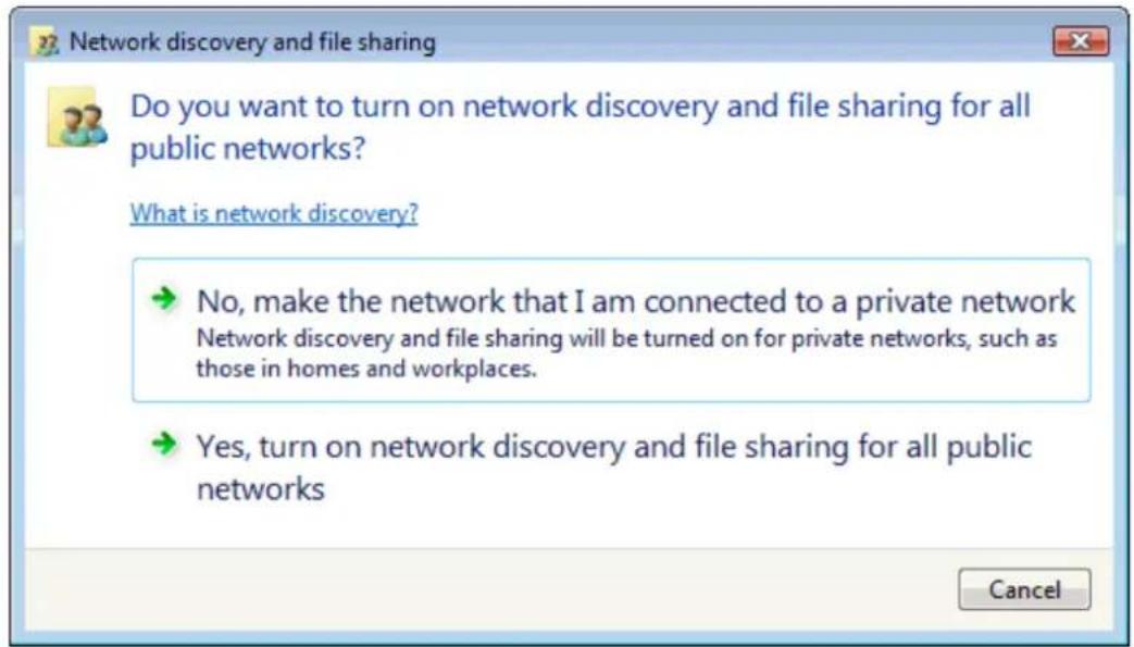 Network discovery and file sharing Do you want to turn on network discovery and file sharing for all public networks? What is network discovery? → No, make the network that I am connected to a private network Network discovery and file sharing will be turned on for private networks, such as those in homes and workplaces. → Yes, turn on network discovery and file sharing for all public networks Cancel