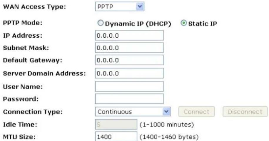 WAN Access Type: PPTP PPTP Mode: Dynamic IP (DHCP) Static IP IP Address: 0.0.0.0 Subnet Mask: 0.0.0.0 Default Gateway: 0.0.0.0 Server Domain Address: 0.0.0.0 User Name: Password: Connection Type: Continuous Connect Disconnect Idle Time: 5 (1-1000 minutes) MTU Size: 1400 (1400-1460 bytes)