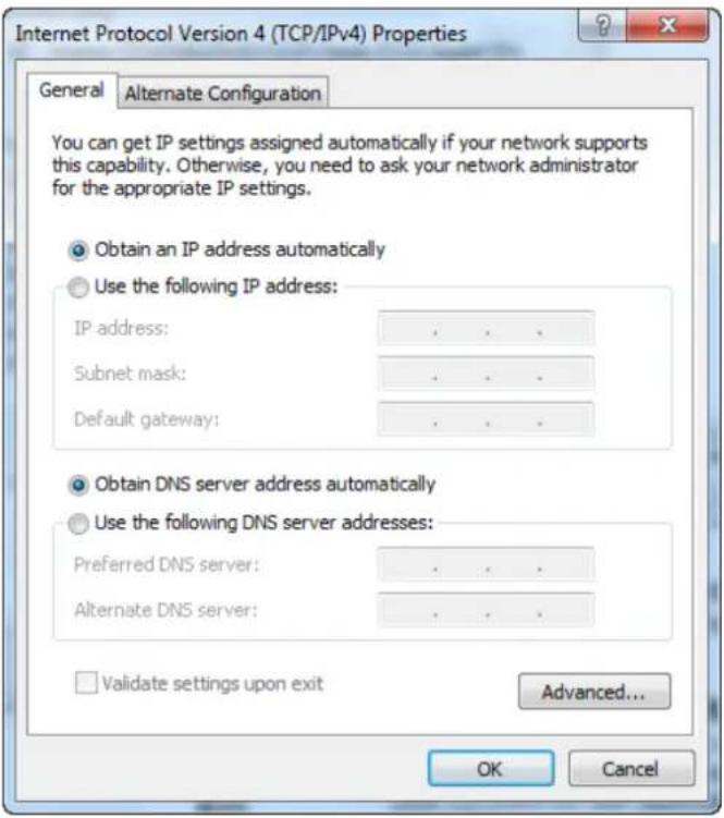 Internet Protocol Version 4 (TCP/IPv4) Properties General Alternate Configuration You can get IP settings assigned automatically if your network supports this capability. Otherwise, you need to ask your network administrator for the appropriate IP settings. Obtain an IP address automatically Use the following IP address: IP address: . Subnet mask: . Default gateway: . Obtain DNS server address automatically Use the following DNS server addresses: Preferred DNS server: . Alternate DNS server: . Validate settings upon exit Advanced... OK Cancel