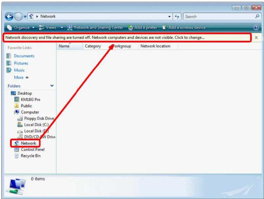 Network discovery and file sharing are turned off. Network computers and devices are not visible. Click to change... Favorite Links Documents Pictures Music More >> Folders Desktop KM18G Pro Public Computer Floppy Disk Drive Local Disk (C:) Local Disk (D:) DVD/CD-RW Drive Network Control Panel Recycle Bin Name Category Workgroup Network location 0 items