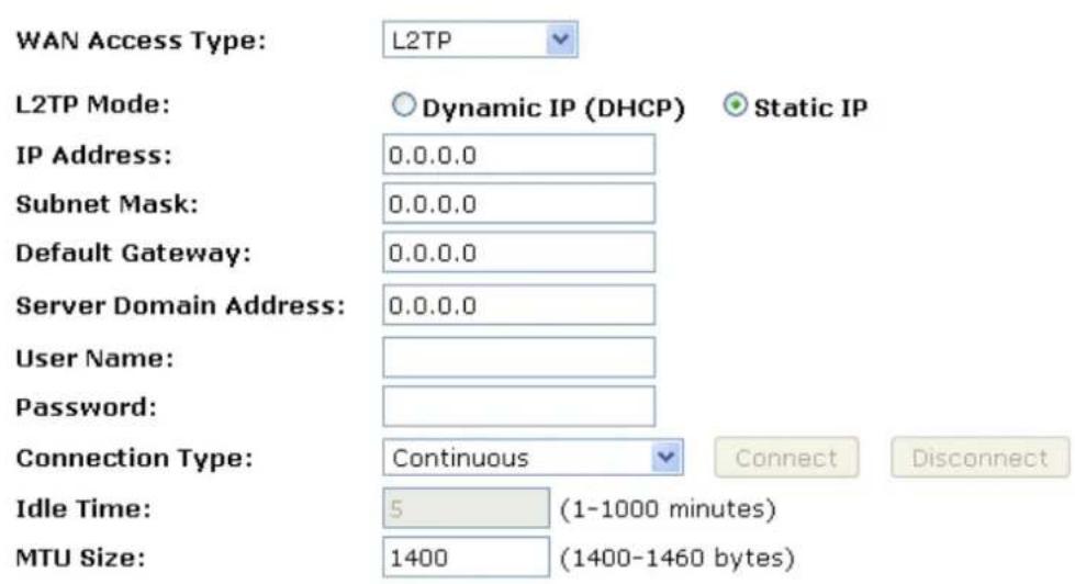 WAN Access Type: L2TP L2TP Mode: Dynamic IP (DHCP) Static IP IP Address: 0.0.0.0 Subnet Mask: 0.0.0.0 Default Gateway: 0.0.0.0 Server Domain Address: 0.0.0.0 User Name: Password: Connection Type: Continuous Connect Disconnect Idle Time: 5 (1-1000 minutes) MTU Size: 1400 (1400-1460 bytes)