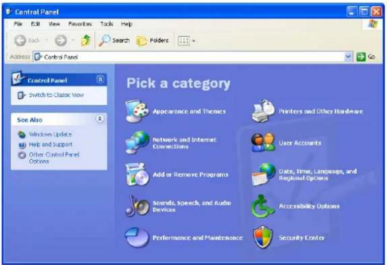 Control Panel File Edit View Favorites Tools Help Back Search Folders Address Control Panel Control Panel Switch to Classic View See Also Windows Update Help and Support Other Control Panel Options Pick a category Appearance and Themes Printers and Other Hardware Network and Internet Connections User Accounts Add or Remove Programs Date, Time, Language, and Regional Options Scends, Speech, and Audio Devices Accessibility Options Performance and Maintenance Security Center