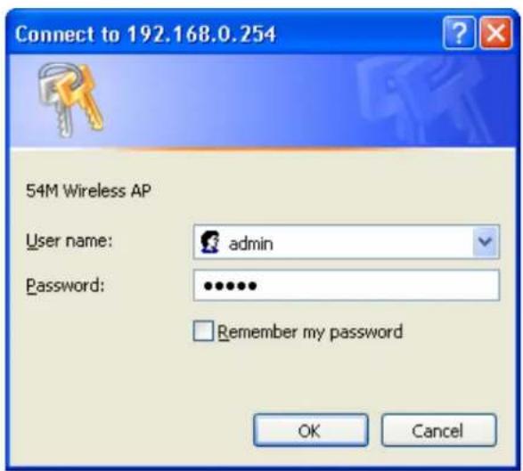 Connect to 192.168.0.254 54M Wireless AP User name: admin Password: •••••• Remember my password OK Cancel