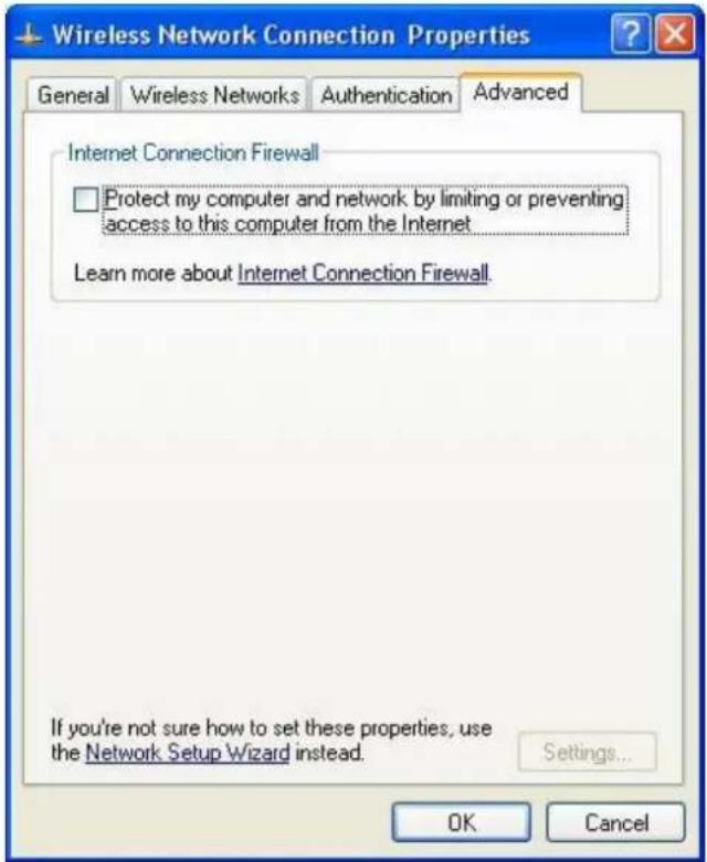 Wireless Network Connection Properties General Wireless Networks Authentication Advanced Internet Connection Firewall Protect my computer and network by limiting or preventing access to this computer from the Internet Learn more about Internet Connection Firewall. If you're not sure how to set these properties, use the Network Setup Wizard instead. Settings... OK Cancel