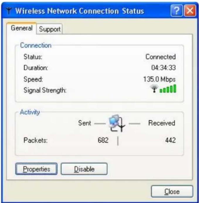 Wireless Network Connection Status General Support Connection Status: Connected Duration: 04:34:33 Speed: 135.0 Mbps Signal Strength: Activity Sent — Received Packets: 682 | 442 Properties Disable Close