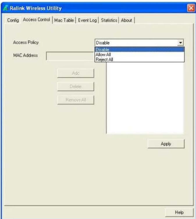 Ralink Wireless Utility Config Access Control Mac Table Event Log Statistics About Access Policy Disable MAC Address Disable Allow All Reject All Adc Delete Remove All Apply Help