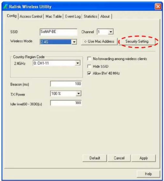Ralink Wireless Utility Config | Access Control | Mac Table | Event Log | Statistics | About | SSID SoftAP-BE Channel 1 Wireless Mode 2.4G <- Use Mac Address Security Setting Country Region Code 2.4GHz 0: CH1-11 Beacon (ms) 100 TX Power 100 % Idle time(60 - 3600)(s) 300 No forwarding among wireless clients Hide SSID Allow BW 40 MHz Default Cancel Apply Help