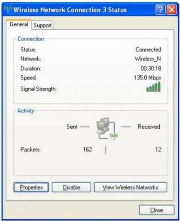 Wireless Network Connection 3 Status General Support Connection Status: Connected Network: Wireless_N Duration: 00:30:18 Speed: 135.0 Mbps Signal Strength: Activity Sent — Received Packets: 162 | 12 Properties Disable View Wireless Networks Close