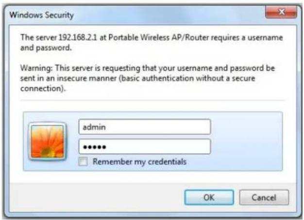 Windows Security The server 192.168.2.1 at Portable Wireless AP/Router requires a username and password. Warning: This server is requesting that your username and password be sent in an insecure manner (basic authentication without a secure connection). admin ...... Remember my credentials OK Cancel