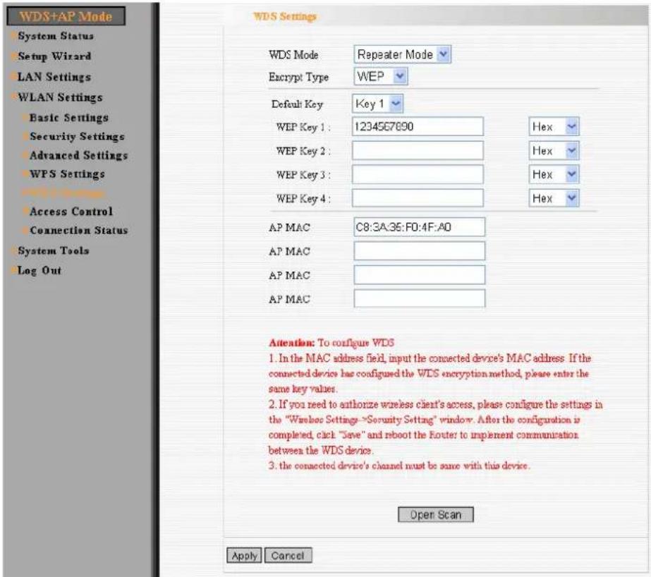 WDS+AP Mode System Status Setup Wizard LAN Settings WLAN Settings Basic Settings Security Settings Advanced Settings WPS Settings Access Control Connection Status System Tools Log Out WDS Settings WDS Mode Repeater Mode Encrypt Type WEP Default Key Key 1 WEP Key 1: 1234567690 Hex WEP Key 2: WEP Key 3: WEP Key 4: AP MAC C8:3A:35:F0:4F:A0 AP MAC AP MAC AP MAC Attention: To configure WDS 1. In the MAC address field, input the connected device's MAC address. If the connected device has configured the WDS encryption method, please enter the same key values. 2. If you need to authorize wireless client's access, please configure the settings in the "Wpssec Settings >Security Setting" window. After the configuration is completed, click "Save" and reboot the Router to implement communication between the WDS device. 3. the connected device's channel must be same with this device. Open Scan Apply Cancel