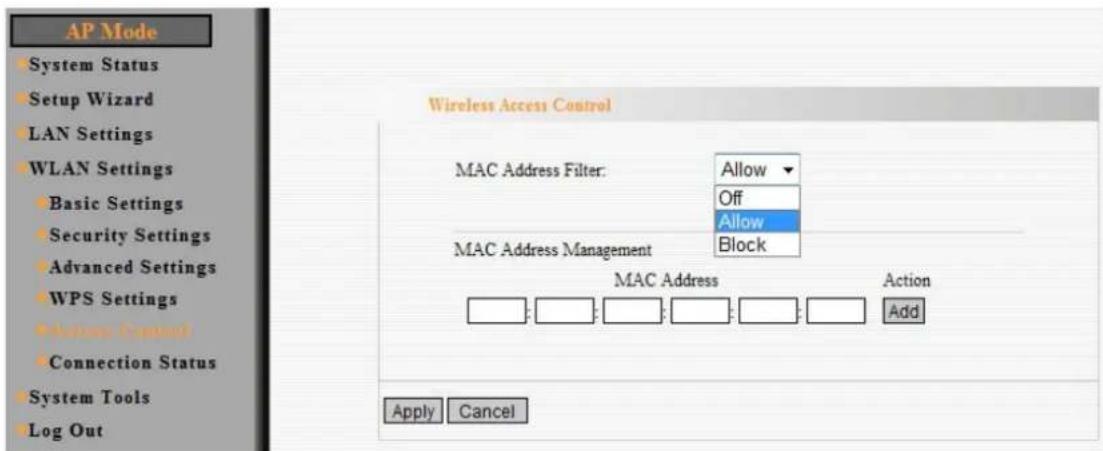AP Mode System Status Setup Wizard LAN Settings WLAN Settings Basic Settings Security Settings Advanced Settings WPS Settings Connection Status System Tools Log Out Wireless Access Control MAC Address Filter: Allow Off Allow Block MAC Address Management MAC Address Action Add Apply Cancel