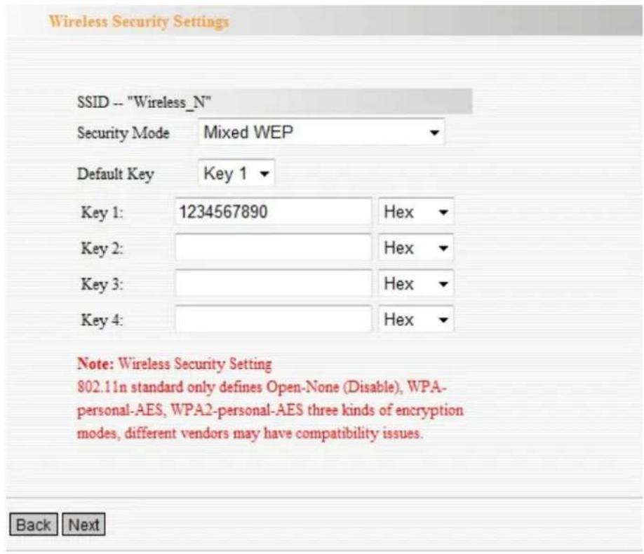 Wireless Security Settings SSID -- "Wireless_N" Security Mode Mixed WEP Default Key Key 1 Key 1: 1234567890 Hex Key 2: Hex Key 3: Hex Key 4: Hex Note: Wireless Security Setting 802.11n standard only defines Open-None (Disable), WPA- personal-AES, WPA2-personal-AES three kinds of encryption modes, different vendors may have compatibility issues. Back Next
