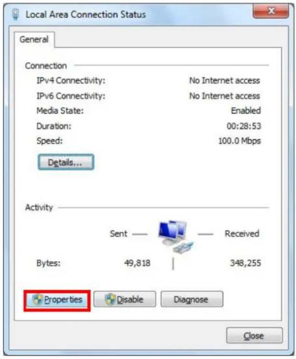 Local Area Connection Status General Connection IPv4 Connectivity: No Internet access IPv6 Connectivity: No Internet access Media State: Enabled Duration: 00:28:53 Speed: 100.0 Mbps Details... Activity Sent — Received Bytes: 49,818 | 348,255 Properties Disable Diagnose Close