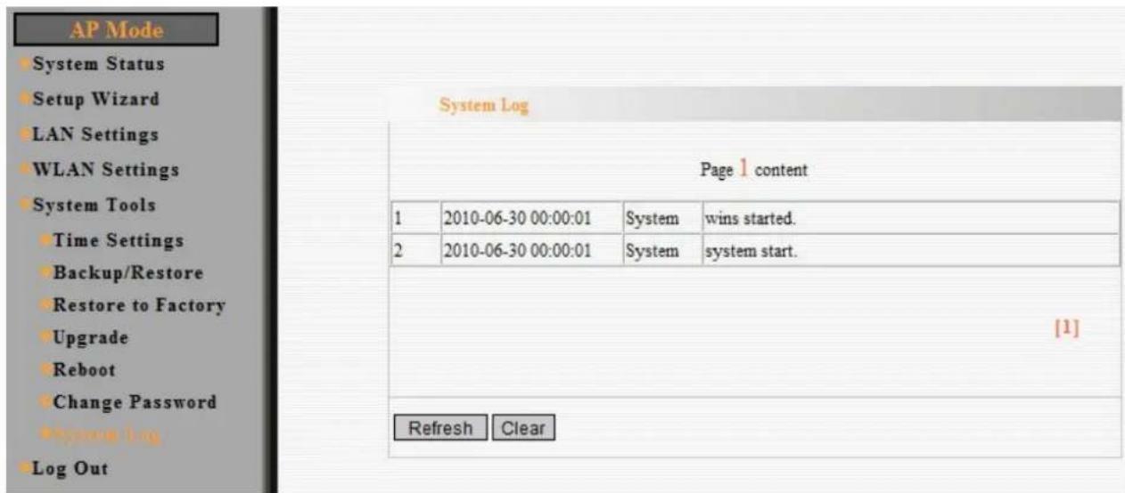 AP Mode System Status Setup Wizard LAN Settings WLAN Settings System Tools Time Settings Backup/Restore Restore to Factory Upgrade Reboot Change Password Log Out System Log Page 1 content 1 2010-06-30 00:00:01 System wins started. 2 2010-06-30 00:00:01 System!=system start. [1] Refresh Clear