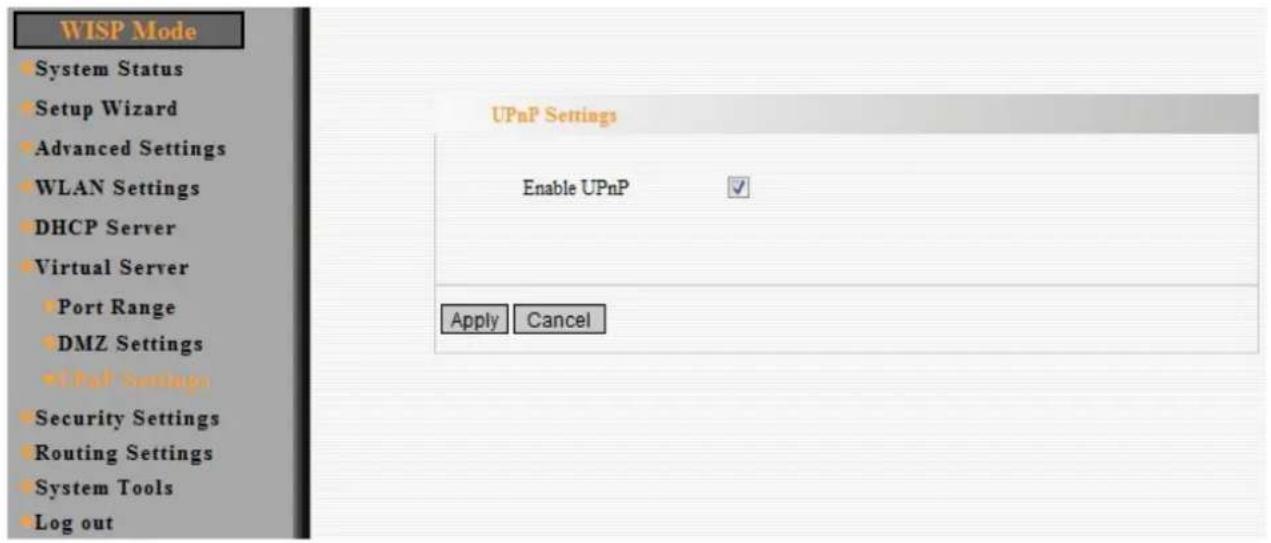 WISP Mode System Status Setup Wizard Advanced Settings WLAN Settings DHCP Server Virtual Server Port Range DMZ Settings IPF Settings Security Settings Routing Settings System Tools Log out UPnP Settings Enable UPnP ✓ Apply Cancel