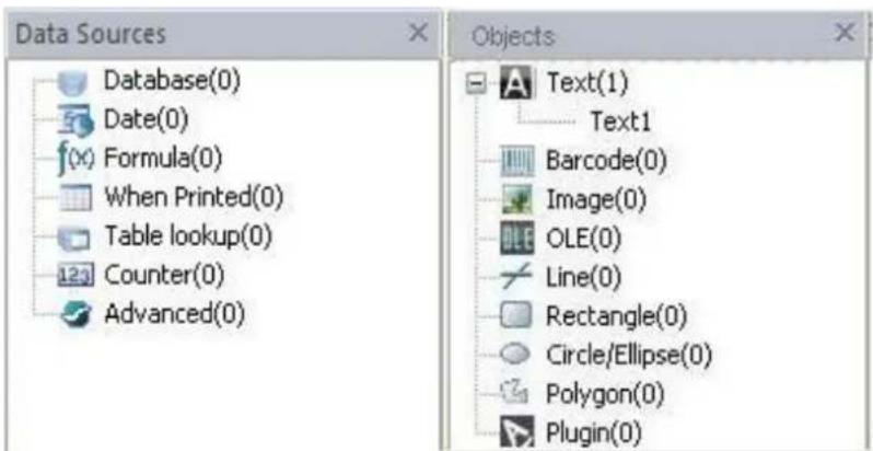 Data Sources Database(0) Date(0) Formula(0) When Printed(0) Table lookup(0) Counter(0) Advanced(0) Objects Text(1) Text1 Barcode(0) Image(0) OLE(0) Line(0) Rectangle(0) Circle/Ellipse(0) Polygon(0) Plugin(0)