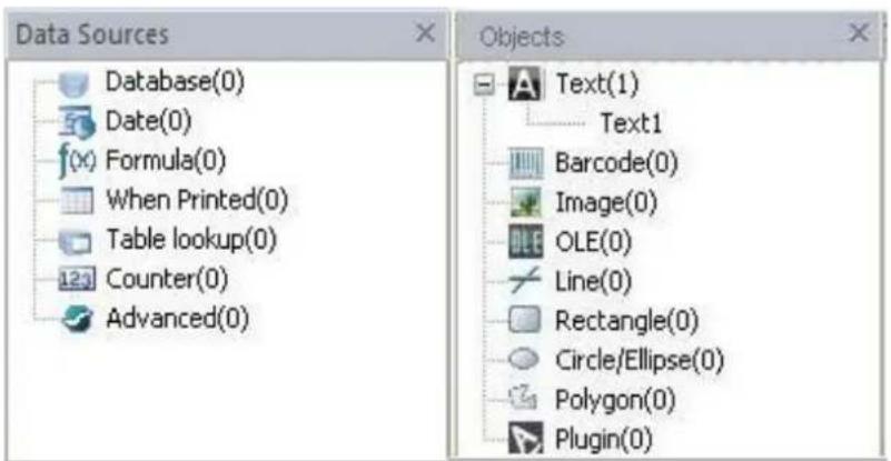Data Sources Database(0) Date(0) f(x) Formula(0) When Printed(0) Table lookup(0) Counter(0) Advanced(0) Objects Text(1) Text1 Barcode(0) Image(0) OLE(0) Line(0) Rectangle(0) Circle/Ellipse(0) Polygon(0) Plugin(0)