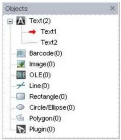 Objects Text(2) Text1 Text2 Barcode(0) Image(0) OLE(0) Line(0) Rectangle(0) Circle/Ellipse(0) Polygon(0) Plugin(0)