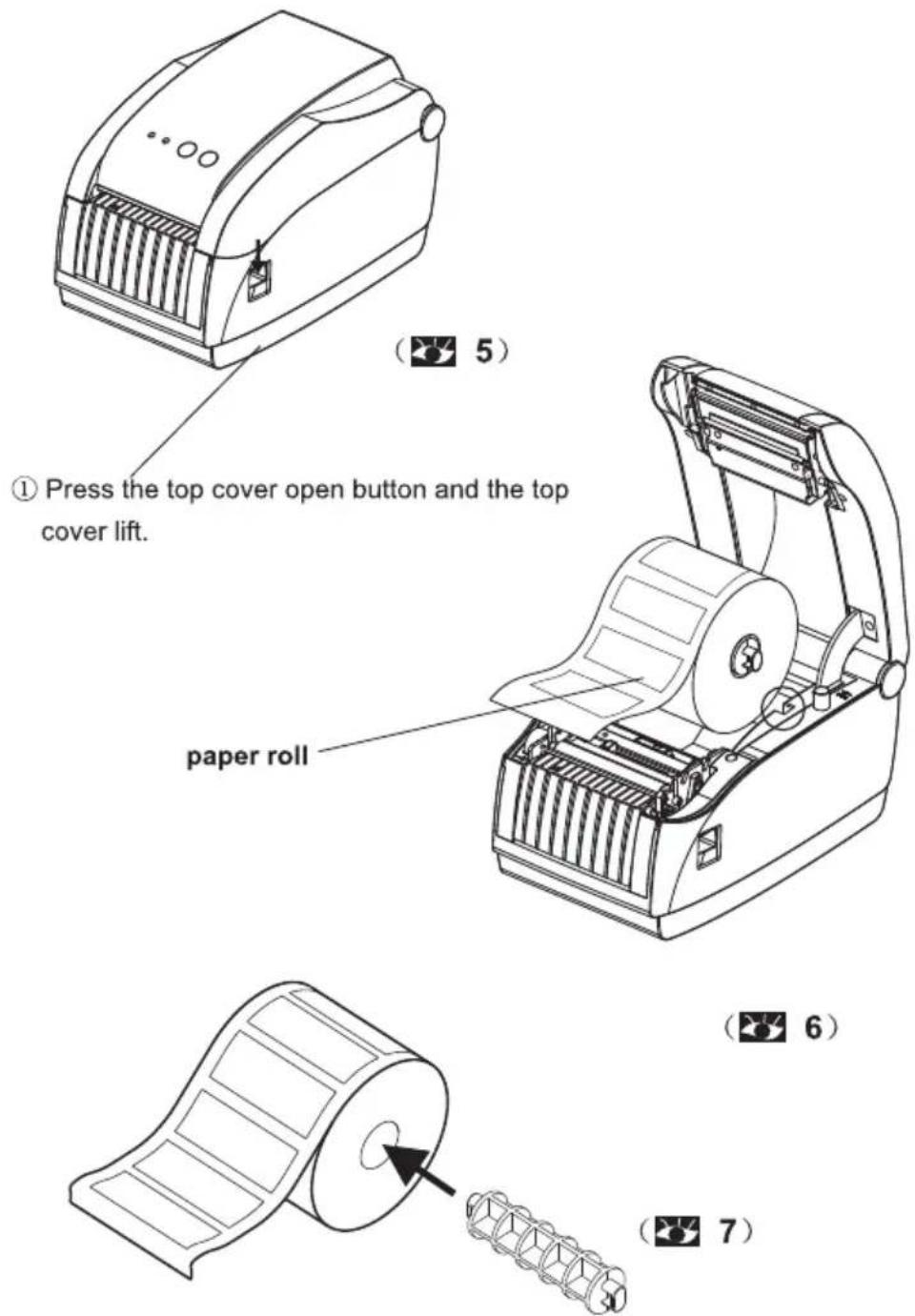 ① Press the top cover open button and the top cover lift. paper roll (5) (6) (7)