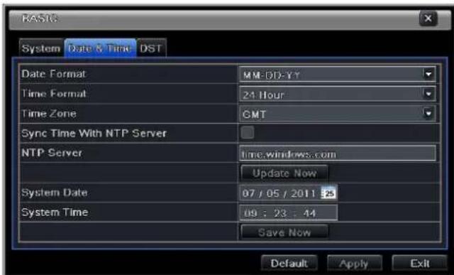 BASIC System Date & Time DST Date Format MM-DD-YY Time Format 24 Hour Time Zone GMT Sync Time With NTP Server NTP Server time.windows.com Update Now System Date 07 / 05 / 2011:25 System Time 09 : 23 : 44 Save Now Default Apply Exit