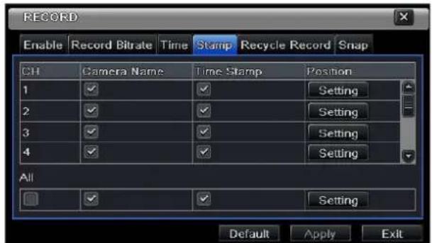 RECORD Enable Record Bitrate Time Stamp Recycle Record Snap CH Camera Name Time Stamp Position 1 ✓ ✓ Setting 2 ✓ ✓ Setting 3 ✓ ✓ Setting 4 ✓ ✓ Setting All ✓ ✓ Setting Default Apply Exit