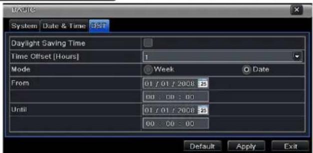 BASIC System Date & Time DST Daylight Saving Time Time Offset [Hours] 1 Mode Week Date From 01 / 01 / 2008 25 00 : 00 : 00 Until 01 / 01 / 2008 25 00 : 00 : 00 Default Apply Exit