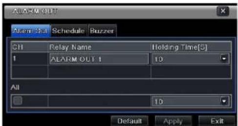 ALARM OUT Alarm Out Schedule Buzzer CH Relay Name Holding Time[S] 1 ALARM OUT 1 10 All Default Apply Exit