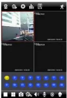 Screenshot of a surveillance camera interface with four panels showing outdoor scenes and control buttons