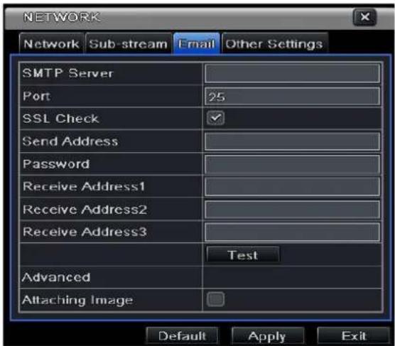 NETWORK Network Sub-stream Email Other Settings SMTP Server Port 25 SSL Check ✓ Send Address Password Receive Address1 Receive Address2 Receive Address3 Test Advanced Attaching Image Default Apply Exit