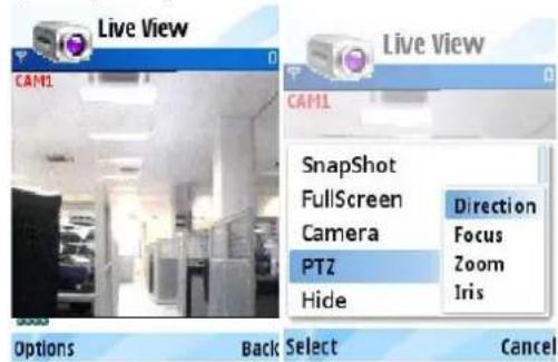 Live View CAM1 Options Back Select Cancel Live View CAM1 SnapShot Fullscreen Direction Camera Focus PTZ Zoom Hide Iris