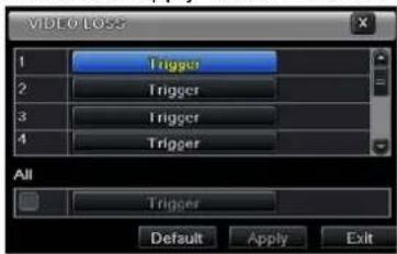 VIDEO LOSS 1 Trigger 2 Trigger 3 Trigger 4 Trigger All Trigger Default Apply Exit