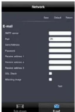 Network E-mail SMTP server Port 25 Send Address Password Receive address 1 Receive address 2 Receive address 3 SSL Check Attacking Image Test Sub-shown E-mail