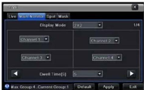 Live Main Monitor Spot Mask Display Mode 2X2 1/4 Channel 1 Channel 2 Channel 3 Channel 4 Dwell Time[3] 5 Max Group 4 .Current Group 1 Default Apply Exit