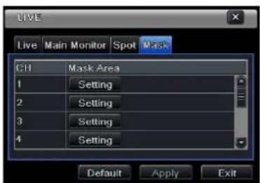 Live Main Monitor Spot Mask C11 Mask Area 1 Setting 2 Setting 3 Setting 4 Setting Default Apply Exit
