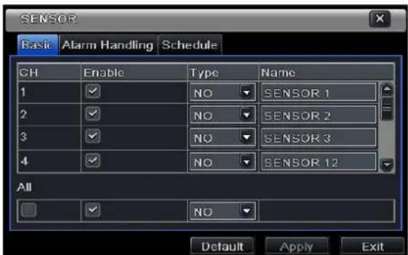 SENSOR Basic Alarm Handling Schedule CH Enable Type Name 1 ✓ NO SENSOR 1 2 ✓ NO SENSOR 2 3 ✓ NO SENSOR 3 4 ✓ NO SENSOR 12 All ✓ NO Default Apply Exit
