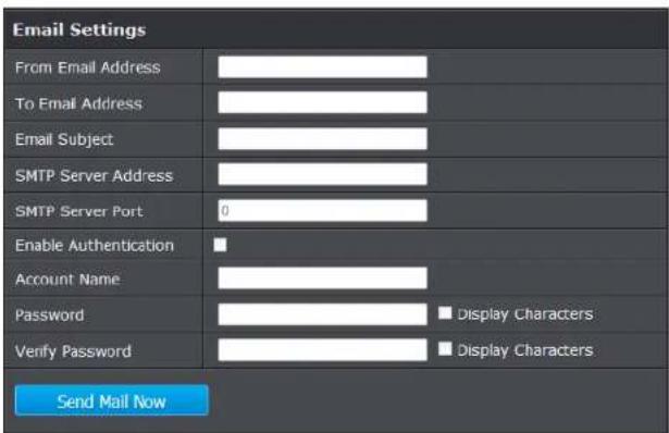 Email Settings From Email Address To Email Address Email Subject SMTP Server Address SMTP Server Port 0 Enable Authentication Account Name Password Verify Password Send Mail Now Display Characters Display Characters