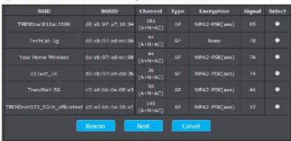 SSID RSSID Channel Type Encryption Signal Select TRENDnet1812c3600 ds:ab:97:ad:ec:86 164 (A+N+AC) AP WPA2-PSK(aes) 85 ● TechLab 5g ds:ab:97:ad:ec:86 44 (A+N+AC) AP None 78 ● Your Home Wireless ds:ab:97:ad:ec:86 44 (A+N+AC) AP WPA2-PSK(aes) 76 ● B11wrt_5G ds:ab:97:ad:ec:86 36 (A+N+AC) AP WPA2-PSK(aes) 74 ● TrendNet-5G ds:ab:97:ad:ec:86 36 (A+N+AC) AP WPA2-PSK(aes) 46 ● TRENDnet323_5GHz officetest ds:ab:97:ad:ec:86 149 (A+N+AC) AP WPA2-PSK(aes) 12 ● Rescan Next Cancel