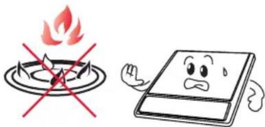 Illustration showing a fire extinguisher and a cartoon notebook with a sad face, symbolizing fire resistance or energy hazard.